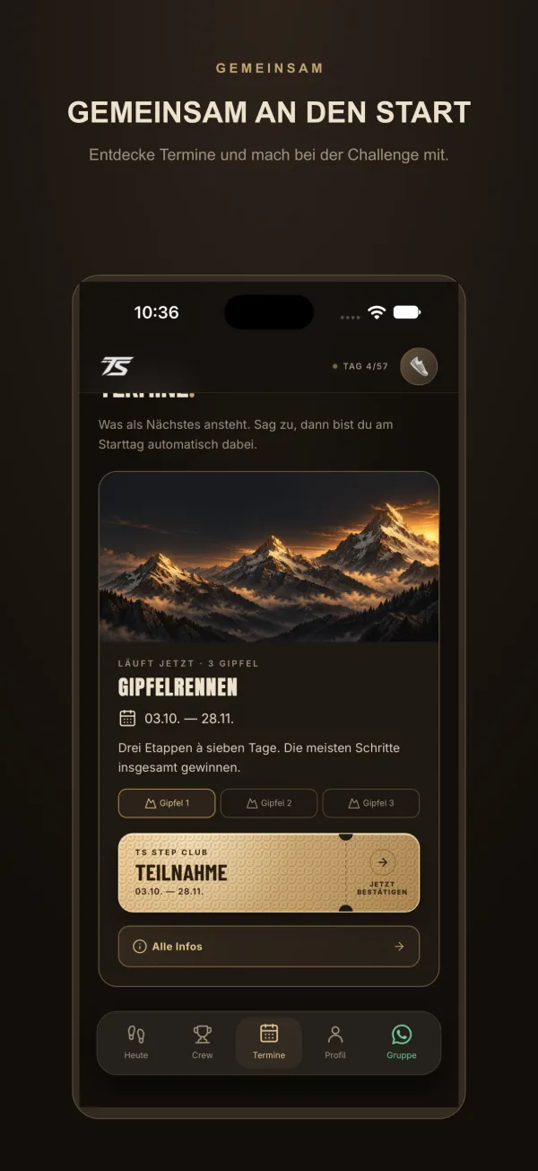 Termine: Events und Aktionen der Challenge.
